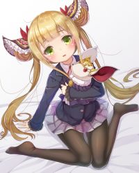 Rule 34 | 1girl, arm support, black pantyhose, blazer, blonde hair, blush, commentary request, double bun, from above, green eyes, hair bun, hair ornament, jacket, long hair, long sleeves, looking at viewer, looking up, luna (shadowverse), mascot, matokechi, no shoes, open mouth, pantyhose, pleated skirt, school uniform, shadowverse, sitting, skirt, solo, twintails, very long hair, wariza