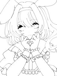 Rule 34 | 1girl, animal ears, closed mouth, flandre scarlet, frilled shirt collar, frills, greyscale, hairband, lineart, looking at viewer, making-of, medium hair, monochrome, no pupils, own hands together, puffy short sleeves, puffy sleeves, rabbit ears, seserami, short sleeves, side ponytail, solo, touhou, upper body, wrist cuffs