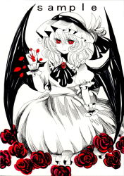 Rule 34 | 1girl, 9-6, bat wings, brooch, flower, hat, hat ribbon, jewelry, light smile, mob cap, monochrome, partially colored, petals, puffy short sleeves, puffy sleeves, red eyes, red flower, red rose, remilia scarlet, ribbon, rose, sample watermark, short sleeves, sketch, skirt, skirt set, solo, spot color, touhou, watermark, wings, wrist cuffs