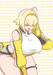 Rule 34 | 1girl, :d, absurdres, ahoge, black gloves, blonde hair, breasts, burijittou, clothing cutout, cropped sweater, elegg (nikke), exposed pocket, gloves, goddess of victory: nikke, grey shorts, hair intakes, hair over eyes, highres, large breasts, leaning forward, long bangs, long sleeves, micro shorts, multicolored clothes, multicolored gloves, multicolored hair, navel, open mouth, short hair, shorts, shoulder cutout, smile, solo, suspender shorts, suspenders, thigh strap, thighs, two-tone hair, yellow gloves