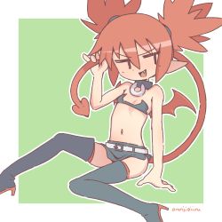 Rule 34 | 1girl, arm support, artist name, bandeau, bare shoulders, belt, black collar, black footwear, boots, border, collar, commentary, demon tail, demon wings, disgaea, etna (disgaea), fang, feet out of frame, flat chest, green background, hair between eyes, high heel boots, high heels, highres, holding tail, medium hair, midriff, miniskirt, navel, open mouth, orenji (wholesomeorenji), outline, outside border, pinky out, pointy ears, red hair, red thighhighs, red wings, sidelocks, simple background, sitting, skirt, smile, solo, tail, thigh boots, thighhighs, thighhighs under boots, twintails, white belt, white border, white outline, wings, zettai ryouiki, | |