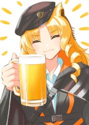 Rule 34 | 1girl, ^ ^, absurdres, animal ears, arknights, beer mug, beret, black hat, black jacket, closed eyes, collared shirt, cup, drill hair, earpiece, emphasis lines, facing viewer, fangs, fangs out, hand up, hat, highres, holding, holding cup, jacket, long hair, mug, nnicoinu, shirt, simple background, smile, solo, swire (arknights), tiger ears, tiger girl, upper body, white background, white shirt