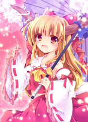 Rule 34 | 1girl, ahoge, ascot, blush, bow, cherry blossoms, cosplay, detached sleeves, enjoy mix, fang, hair bow, hakurei reimu, hakurei reimu (cosplay), horn ornament, horn ribbon, horns, ibuki suika, light particles, looking at viewer, midriff, navel, oil-paper umbrella, open mouth, orange hair, pink background, red eyes, ribbon, ribbon-trimmed sleeves, ribbon trim, skirt, skirt set, solo, touhou, umbrella