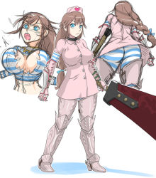 Rule 34 | 1girl, armor, ass, bike shorts, blue eyes, bra, braid, breasts, brown hair, heart, jt dong-agyoku, large breasts, lingerie, long hair, nurse, open mouth, sketch, soul calibur, striped bike shorts, striped bra, striped clothes, sword, sword nightmare, tearing clothes, torn clothes, underwear, upskirt, weapon