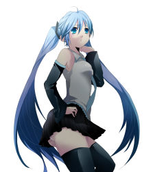 Rule 34 | 1girl, ahoge, aqua eyes, ass, blue hair, detached sleeves, hand on own hip, hatsune miku, highres, hip focus, long hair, mariwai (marireroy), necktie, no panties, simple background, skirt, solo, thighhighs, twintails, very long hair, vocaloid, white background