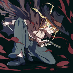 Rule 34 | 1girl, absurdres, belt, blonde hair, borrowed character, braid, breasts, burn scar, cape, cigarette, cocopeace, commentary request, cowboy hat, finger on trigger, green eyes, gun, handgun, hat, highres, knife, korean commentary, medium breasts, on one knee, original, reverse grip, revolver, scar, scar on face, sharp teeth, smile, solo, teeth, torn cape, torn clothes, twin braids, weapon