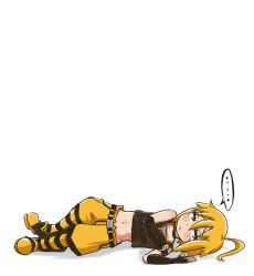 Rule 34 | ..., 1boy, :&lt;, akita nero, belt, black shirt, blonde hair, blush, crop top, full body, furrowed brow, highres, looking at viewer, lying, male focus, navel, on side, pants, ponytail, shirt, smith hioka, solo, speech bubble, spoken ellipsis, striped clothes, striped pants, tears, vocaloid, white background, yellow eyes, yellow pants