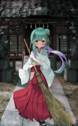 Rule 34 | 1girl, absurdres, aqua hair, architecture, bamboo broom, bare tree, blush, broom, closed mouth, commentary request, east asian architecture, eureka 814, gradient hair, hair bun, hair ribbon, hakama, hakama skirt, highres, holding, holding broom, hololive, huge filesize, japanese clothes, long hair, looking at viewer, miko, multicolored hair, outdoors, path, purple hair, red eyes, red hakama, red ribbon, ribbon, road, robe, shrine, single hair bun, single side bun, skirt, smile, solo, tree, twintails, two-tone hair, uneven twintails, uruha rushia, very long hair, virtual youtuber, white robe, wide sleeves