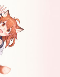 Rule 34 | &gt;:d, 1girl, :d, ahoge, animal ears, antenna hair, around corner, bad id, bad pixiv id, blush, fang, fox ears, fox tail, hair ornament, hairclip, highres, ikazuchi (kancolle), kantai collection, kemonomimi mode, long sleeves, looking at viewer, open mouth, orange eyes, orange hair, peeking out, reitou mikan, school uniform, serafuku, simple background, smile, solo, tail, v-shaped eyebrows