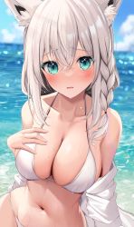 Rule 34 | 1girl, absurdres, animal ear fluff, animal ears, aqua eyes, bikini, blue sky, blush, braid, breasts, cleavage, collarbone, crossed bangs, day, fox ears, fox girl, hand on own chest, highres, hololive, jacket, large breasts, looking at viewer, navel, ocean, off shoulder, outdoors, parted lips, raised eyebrows, shirakami fubuki, single braid, sky, solo, stomach, swimsuit, utekiro, virtual youtuber, wet, wet hair, white bikini, white hair, white jacket