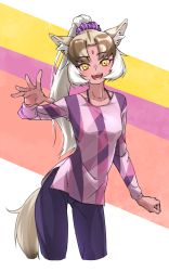 Rule 34 | 1girl, :d, absurdres, animal ear fluff, animal ears, brown hair, collarbone, contrapposto, cropped legs, dark-skinned female, dark skin, forehead jewel, hair ornament, hair scrunchie, high ponytail, highres, indian wolf (kemono friends), kemono friends, long hair, long sleeves, looking at viewer, open mouth, pants, parted bangs, ponytail, purple pants, scrunchie, simple background, smile, solo, tail, tanabe (fueisei), white hair, wolf ears, wolf girl, wolf tail, yellow eyes