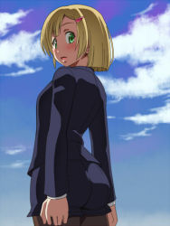 Rule 34 | 10s, 1girl, ass, awa, black pantyhose, blonde hair, blush, formal, green eyes, hair ornament, hairclip, jamie hazaford, legs, pantyhose under shorts, looking back, office lady, open mouth, pantyhose, shirogane no ishi argevollen, shoes, short hair, shorts, suit, thighs