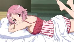 Rule 34 | 1girl, barefoot, bed, bed sheet, bedroom, breast press, breasts, crossed arms, dress, feet, frilled dress, frills, from side, game cg, hair ornament, hairclip, highres, indoors, large breasts, lisbeth (sao), looking at viewer, lying, official art, on stomach, pillow, pink hair, red eyes, short hair, sideboob, sleeveless, sleeveless dress, smile, solo, striped clothes, striped dress, sword art online, sword art online: fatal bullet, the pose, vertical-striped clothes, vertical-striped dress
