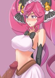 Rule 34 | 1boy, 1girl, :o,  deuce, bell, black gloves, blush, breasts, cleo (dragalia lost), clothed female nude male, crop top, dragalia lost, elbow gloves, gloves, hair ornament, highres, large breasts, looking at penis, midriff, multicolored hair, navel, nude, penis, penis awe, penis on stomach, pink eyes, pink hair, skirt, stomach, sweatdrop, trembling, twintails, uncensored, white skirt