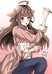 Rule 34 | 1girl, absurdres, ahoge, artist logo, bowl, brown background, brown coat, brown hair, chopsticks, coat, commentary request, cowboy shot, denim, double bun, food, gradient background, gyuudon, hair bun, headgear, highres, jeans, kantai collection, kentan (kingtaiki), kongou (kancolle), long hair, looking at viewer, official alternate costume, one-hour drawing challenge, pants, solo, white background