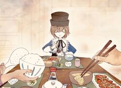 Rule 34 | 1boy, 2girls, black headwear, black ribbon, blue capelet, bowl, brown hair, capelet, chopsticks, closed eyes, closed mouth, collared shirt, commentary request, cup, fingernails, food, frilled shirt, frilled shirt collar, frills, green tea, hat, holding, holding bowl, holding chopsticks, kiru (m putorius), lolita fashion, long sleeves, meat, medium bangs, multiple girls, nattou, neck ribbon, onion, plate, ribbon, rice, rice bowl, rozen maiden, shamoji, shirt, short hair, smile, solo focus, soup, souseiseki, soy sauce, soy sauce bottle, tea, teapot, top hat, upper body, white shirt, yunomi