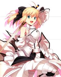 Rule 34 | 1girl, :d, absurdres, armor, armored dress, artoria pendragon (all), artoria pendragon (fate), bare shoulders, blonde hair, caliburn (fate), dress, fate/stay night, fate/unlimited codes, fate/zero, fate (series), gauntlets, green eyes, hair ribbon, highres, higurashi ryuuji, leg lift, long hair, official art, open mouth, ribbon, saber (fate), saber lily, smile, solo, sword, thighhighs, weapon, white theme, white thighhighs