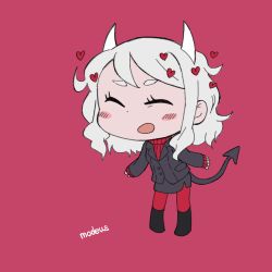 Rule 34 | 1girl, :d, black footwear, black jacket, black tail, blazer, blush, boots, chibi, demon girl, demon horns, demon tail, english text, closed eyes, happy, heart, helltaker, highres, horns, jacket, looking up, medium hair, modeus (helltaker), nabekuro, office lady, open mouth, pantyhose, red background, red pantyhose, red sweater, ribbed sweater, simple background, skirt, smile, solo, sweater, symbol-shaped pupils, tail, thighs, white hair, white horns