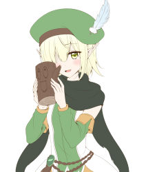 Rule 34 | 1girl, aoi (princess connect!), blonde hair, blush, capelet, elf, green capelet, green eyes, hat, pointy ears, princess connect!, roaru (gyuren), smile