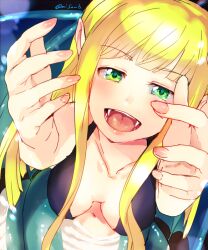 1girl bad_hands beatmania_(series) beatmania_iidx blonde_hair blunt_bangs breasts character_request collarbone fangs fingernails from_above green_eyes inpr lamia large_breasts monster_girl navel open_mouth reaching reaching_towards_viewer solo twitter_username