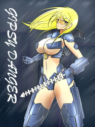 Rule 34 | 1girl, arm blade, bad id, bad pixiv id, blonde hair, blue eyes, breasts, cannon, chain sword, character name, chest cannon, energy cannon, gauntlets, gd6 chain sword, gipsy danger, highres, jaeger (pacific rim), large breasts, legendary pictures, long hair, mecha musume, navel, nuclear vortex turbine, pacific rim, pan pacific defense corps, pasties, personification, rain, replikia, safety glasses, solo, sunglasses, sword, tinted eyewear, underboob, visor, weapon, wet, whip, whip sword, wrist blades, yellow-tinted eyewear