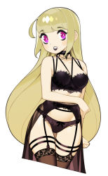 1girl, ahoge, arm at side, bare arms, bare shoulders, black bra, black choker, black lips, black panties, blonde hair, bow, bow panties, bra, bright pupils, brown legwear, choker, commentary, commission, cowboy shot, cropped legs, cross choker, english commentary, frilled bra, frilled panties, frills, garter belt, goth, gothic, halphelt, highres, latin cross, lipstick, long hair, looking at viewer, makeup, original, panties, parted lips, purple eyes, simple background, smile, solo, standing, thighhighs, underwear, very long hair, white background, white pupils