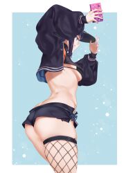 Rule 34 | 1girl, absurdres, ass, baseball cap, bikini, bikini under clothes, black bikini, black jacket, black shirt, black shorts, blue eyes, breasts, butt crack, camouflage, camouflage headwear, cellphone, cropped shirt, das (dan dan), fate/grand order, fate (series), fishnet thighhighs, fishnets, hair ornament, hat, highres, jacket, licking lips, long hair, long sleeves, medium breasts, micro shorts, open clothes, open jacket, phone, purple hair, shirt, shorts, sidelocks, smile, swimsuit, thighhighs, tongue, tongue out, yang guifei (event portrait) (fate), yang guifei (fate)