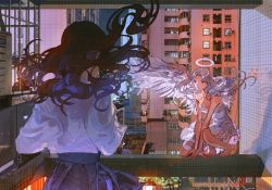 Rule 34 | 2girls, acyantree, angel, angel wings, balcony, bare shoulders, black hair, building, chinese commentary, commentary request, day, dress, expressionless, frilled dress, frills, halo, highres, long hair, looking at another, multiple girls, original, outdoors, parted bangs, school uniform, shirt, skirt, skyscraper, sleeveless, sleeveless dress, squatting, standing, white dress, white hair, white shirt, wind, wings