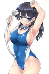 Rule 34 | 1girl, arm up, black hair, blue eyes, blue one-piece swimsuit, breasts, cleavage, collarbone, commentary request, competition swimsuit, covered navel, cowboy shot, goggles, goggles around neck, large breasts, long hair, mizuhara yuu, one-piece swimsuit, original, shiny clothes, shower head, simple background, smile, solo, swimsuit, wet, wet clothes, white background