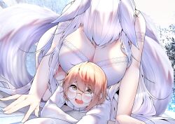 Rule 34 | 1boy, 1girl, @ @, absurdres, animal ears, assertive female, azur lane, blonde hair, breasts, commentary request, d:, fox ears, fox tail, girl on top, glasses, highres, huge breasts, long hair, open mouth, samip, shinano (azur lane), tail, thick eyebrows, underwear, underwear only, very long hair