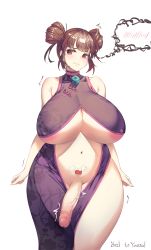 Rule 34 | 1futa, areola slip, bad id, bad pixiv id, bare shoulders, belly, breasts, brown hair, china dress, chinese clothes, cleavage, clenched teeth, covered erect nipples, curvy, dress, futanari, harry (dudwofla), heart, heart tattoo, highres, huge breasts, large areolae, looking at viewer, navel, original, penis, plump, pubic hair, pubic tattoo, red eyes, short hair, simple background, solo, spoken blush, tattoo, tears, teeth, thick thighs, thigh gap, thighs, trembling, uncensored, underboob, veins, veiny penis, white background, wide hips