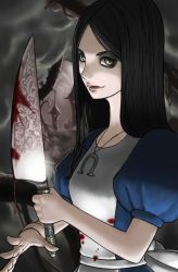Rule 34 | 1girl, alice: madness returns, alice (alice in wonderland), alice liddell (american mcgee&#039;s alice), american mcgee&#039;s alice, black hair, blood, bloody knife, breasts, closed mouth, dress, jewelry, knife, lipstick, long hair, looking at viewer, makeup, necklace, smile, solo