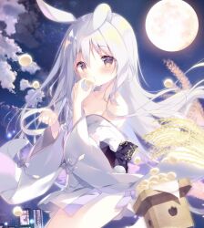 Rule 34 | 1girl, animal ears, bare shoulders, blush, brown eyes, building, bunny day, cloud, collarbone, commentary request, cowboy shot, dango, dot nose, eating, food, full moon, grey hair, hair between eyes, hands up, holding, holding food, japanese clothes, kimono, long hair, long sleeves, looking at viewer, moon, night, night sky, off shoulder, original, outdoors, rabbit ears, shiratama (shiratamaco), signature, sky, solo, star (sky), starry sky, tareme, upper body, very long hair, wagashi, white hair, white kimono, white theme, wide sleeves