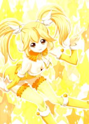 Rule 34 | 10s, 1girl, alternate costume, alternate hairstyle, bad id, bad pixiv id, blonde hair, boots, breasts, cleavage, cure peace, detached collar, detached sleeves, dress, eyelashes, hair flaps, kise yayoi, long hair, magical girl, precure, skirt, small breasts, smile precure!, solo, star (symbol), starry background, thighhighs, twintails, v, yellow background, yellow dress, yellow eyes, yellow footwear, yellow theme, yellow thighhighs, yuiyuimoe