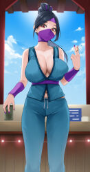 Rule 34 | 1girl, arm guards, bare shoulders, black hair, blue pants, blue shirt, breasts, cleavage, cloud, cup, dave the diver, headband, high ponytail, highres, holding, holding cup, itsuki (dave the diver), japanese clothes, large breasts, mask, mintrocket, mouth mask, navel, nexon, ninja, ninja mask, noir (4chan), pants, parted bangs, ponytail, purple headband, purple nails, red eyes, shirt, sidelocks, sky, sleeveless, sleeveless shirt, solo, standing, underbust, v