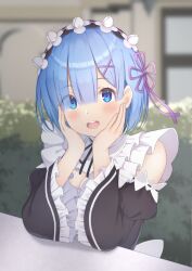 1girl :o absurdres back_bow black_dress black_sleeves blue_eyes blue_hair blush bow breasts cleavage commentary detached_collar detached_sleeves dress flower flower_hairband frilled_shirt_collar frilled_sleeves frills hair_flower hair_ornament hair_over_one_eye hairpin hand_on_own_cheek hand_on_own_face hedge highres looking_at_viewer medium_breasts mimori_(mimori_05) open_mouth outdoors re:zero_kara_hajimeru_isekai_seikatsu rem_(re:zero) roswaal_mansion_maid_uniform short_hair solo table teeth upper_body upper_teeth_only white_bow white_flower