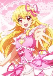 Rule 34 | 1girl, :d, aikatsu!, aikatsu! (series), blonde hair, blurry, blurry background, blurry foreground, bow, brooch, choker, commentary request, depth of field, dress, dress bow, floating hair, foreshortening, frilled choker, frilled dress, frills, gem, hair ornament, hair ribbon, heart, heart hair ornament, highres, hoshimiya ichigo, idol, jewelry, long hair, looking at viewer, open mouth, pearl (gemstone), pink background, pink bow, pink dress, pink ribbon, reaching, red eyes, ribbon, round teeth, short sleeves, smile, solo, tayu (canary-san), teeth, upper body, upper teeth only, white choker, white sleeves