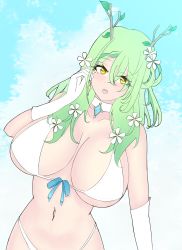 Rule 34 | 1girl, bikini, breasts, bridal gauntlets, ceres fauna, cleavage, earrings, estherelaitea, flower, flower on head, green hair, hair ornament, highres, holocouncil, hololive, hololive english, jewelry, large breasts, long hair, mole, mole under eye, navel, ribbon, sky, swimsuit, virtual youtuber, white bikini, yellow eyes