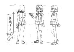 Rule 34 | 1girl, 2014, absurdres, breasts, character sheet, dated, female focus, full body, highres, looking at viewer, mazaki anzu, medium hair, monochrome, multiple views, official art, school uniform, skirt, smile, solo, translation request, yu-gi-oh!, yu-gi-oh! duel monsters
