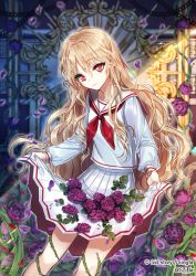 Rule 34 | 1girl, blonde hair, copyright name, flower, holding clothes, holding skirt, long hair, looking at viewer, mirror, official art, petals, purple flower, purple rose, red eyes, rose, rose bush, rose petals, school uniform, sid story, sila (carpen), skirt, smile, solo