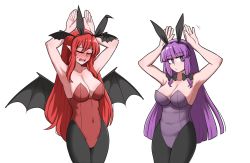 Rule 34 | 2girls, alternate costume, animal ears, armpits, arms up, bat wings, black bow, black legwear, blunt bangs, blush, bow, breasts, cleavage, closed eyes, commentary, covered navel, embarrassed, english commentary, expressionless, fake animal ears, fang, hair bow, hands up, head wings, highres, koakuma, leotard, long hair, looking at viewer, mata (matasoup), multiple girls, nose blush, open mouth, pantyhose, patchouli knowledge, playboy bunny, pointy ears, purple eyes, purple hair, rabbit ears, rabbit pose, red hair, simple background, strapless, strapless leotard, touhou, white background, wings