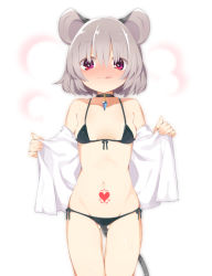 Rule 34 | 1girl, akagashi hagane, animal ears, bare shoulders, bikini, black bikini, blush, bra, breath, choker, front-tie bikini top, front-tie top, full-face blush, gem, grey hair, heart, heart-shaped pupils, heart tattoo, looking at viewer, midriff, mouse ears, mouse tail, navel, nazrin, off shoulder, open clothes, open shirt, panties, red eyes, shirt, short hair, side-tie bikini bottom, simple background, smile, solo, stomach tattoo, sweat, swimsuit, symbol-shaped pupils, tail, tattoo, tongue, tongue out, touhou, underwear, white background