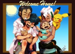 Rule 34 | 1girl, 3boys, ash ketchum, bare arms, black hair, blush, burnet (pokemon), carrying, clenched teeth, closed eyes, closed mouth, collarbone, commentary, creatures (company), dark-skinned male, dark skin, day, game freak, gen 1 pokemon, grey pants, highres, hug, hug from behind, kukui (pokemon), lab coat, lei (pokemon), looking back, multiple boys, nintendo, on shoulder, open mouth, pants, pikachu, pokemon, pokemon (anime), pokemon (creature), pokemon journeys, pokemon on shoulder, pokemon sm (anime), shirt, short sleeves, shorts, signature, sleeves rolled up, smile, sorachi (kimyonetwins), spoilers, sun, t-shirt, teeth, tongue, white hair, white shirt