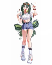 Rule 34 | 1980s (style), 1girl, asui tsuyu, belt, black belt, blue shorts, boku no hero academia, bracelet, breasts, denim, denim shorts, digital media player, eyewear on head, frog girl, full body, green eyes, green hair, highres, jewelry, large breasts, long hair, long tongue, looking at viewer, low-tied long hair, midriff, musical note, necklace, nike (company), oldschool, retro artstyle, scrunchie, shirt, shoes, short shorts, shorts, simple background, sneakers, socks, solo, striped clothes, striped shirt, tied shirt, tongue, tongue out, very long hair, waligner, white background, white shirt, white socks, wrist scrunchie