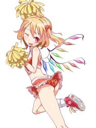Rule 34 | 1girl, ass, bad id, bad twitter id, blonde hair, cheerleader, fang, flandre scarlet, midriff, open mouth, panties, pleated skirt, pom pom (cheerleading), red eyes, shoes, side ponytail, simple background, skirt, sneakers, socks, solo, sushoyushi, touhou, underwear, wings
