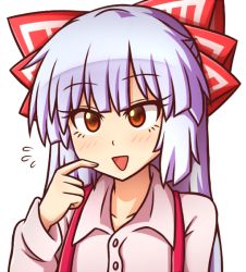 Rule 34 | 1girl, :&gt;, :d, blush, bow, collarbone, commentary, eyelashes, flying sweatdrops, fujiwara no mokou, hair bow, hand up, long hair, long sleeves, looking at viewer, open mouth, red eyes, shirt, silver hair, simple background, smile, solo, suspenders, touhou, upper body, white background, white bow, white shirt, wing collar, wool (miwol)