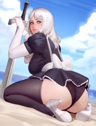 Rule 34 | 1girl, absurdres, angelise reiter, ass, warrior of light (ff14), beach, black dress, black panties, black thighhighs, blue eyes, blush, borrowed character, commission, curvy, day, dress, elbow gloves, final fantasy, final fantasy xiv, full body, gloves, high heels, highres, hyur, kairunoburogu, lips, long hair, looking at viewer, looking back, maid, mary janes, nose, nose blush, ocean, panties, parted lips, planted, planted sword, planted weapon, seiza, shoe soles, shoes, short dress, silver hair, sitting, solo, sword, thighhighs, underwear, water, weapon, white footwear, white gloves, zweihander