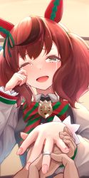 Rule 34 | 1girl, absurdres, animal ears, bow, bowtie, brown eyes, brown hair, crying, crying with eyes open, hand grab, happy tears, highres, horse ears, horse girl, jewelry, muromachi atsushi, nice nature (umamusume), one eye closed, pov, pov hands, marriage proposal, ring, tears, twintails, umamusume, wedding band, wiping tears
