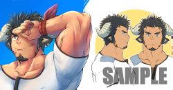 Rule 34 | 1boy, animal ears, bara, collage, collarbone, covered erect nipples, dirty, dirty face, facial hair, goat boy, goat ears, goat horns, goatee, horns, long sideburns, male focus, muscular, muscular male, original, paid reward available, pectorals, sample watermark, shirt, short hair, short sleeves, sideburns, sweat, tepen (tptptpn), upper body, veins, watermark, white shirt, wiping sweat