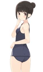 Rule 34 | 1girl, ass, black eyes, black hair, blue one-piece swimsuit, breasts, clenched hands, closed mouth, expressionless, from behind, hair bun, hand up, highres, hiroki (yyqw7151), light blush, looking at viewer, looking back, one-piece swimsuit, original, school swimsuit, single hair bun, small breasts, swimsuit, thigh gap, thighs, white background